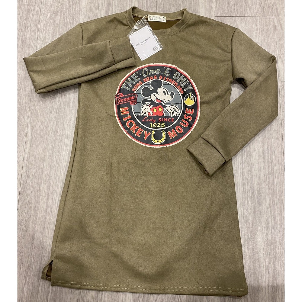 Disney Parks Hong Kong Mickey Mouse Long Sleeve Shirt Green M/ L Vintage Suede